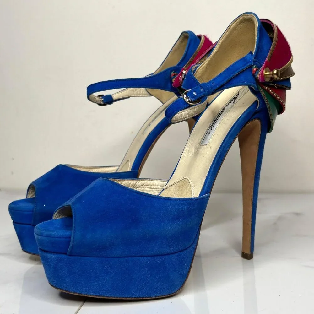 Brian Atwood TRIBECA Cuffed Blue Suede Platform Heels Multicolor Ankle Strap 37 - Picture 5 of 12